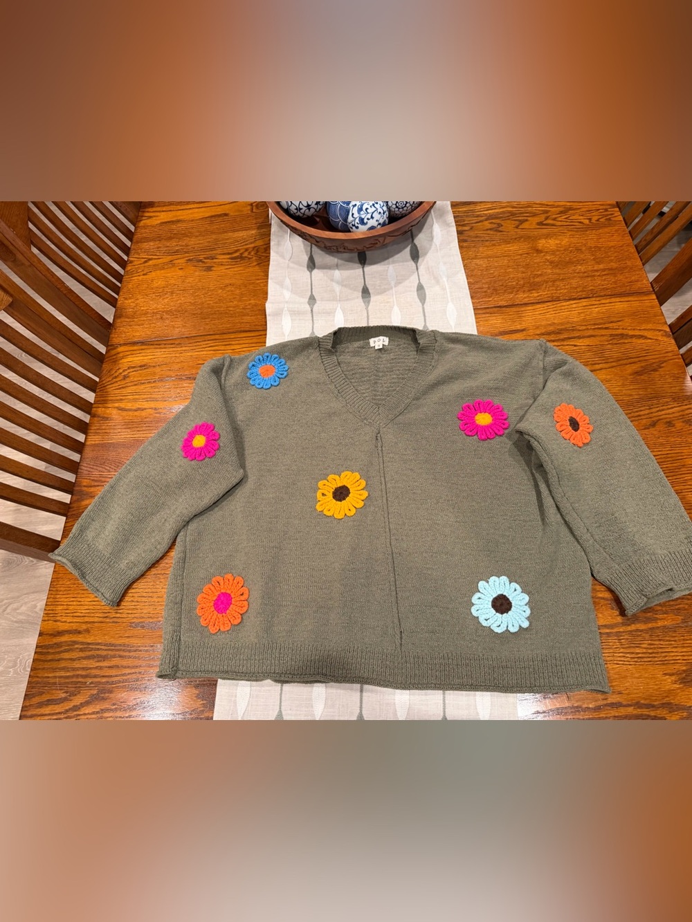 POL Army Green Oversized Sweater with Flowers